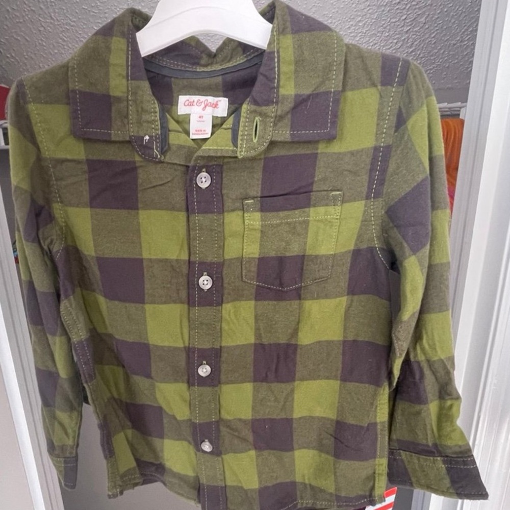 Cat & Jack Olive and Charcoal Plaid Button Down Shirt